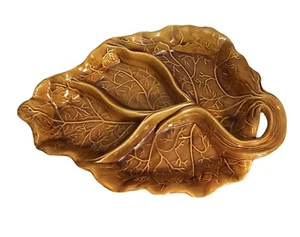 VTG Divided Dish Signed Coral M Lunn 1951 Amber Leaf Design Rhubarb Mid Century  - Picture 1 of 5