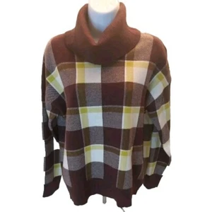 Tahari Brown Plaid Loose Turtleneck Boxy Sweater Sz M NWT Soft Pullover - Picture 1 of 6