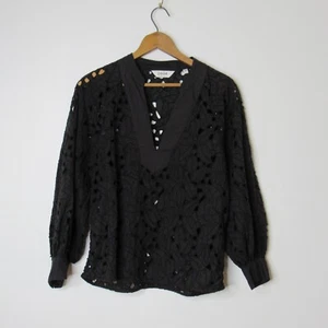 JOIE Perci Embroidered Cutwork Top Women's M Black Split Neck Pullover L/S - Picture 1 of 5