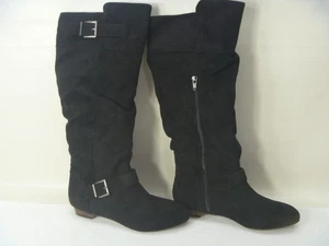 SO Boots Womens Size 8 Black Suede Silver Buckle Round Toe Heel Side Zip - Picture 1 of 11