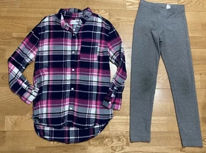 Girl's Old Navy Outfit Size 8 - Navy & Pink Plaid Button Up w/Gray Leggings - Picture 1 of 7