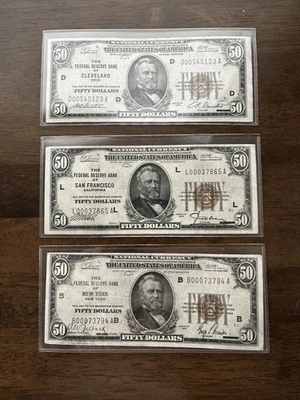 1929 Federal Reserve Bank Lot Of 3 $50’s Type1 New York, San Francisco & Clev - Image 1 of 2