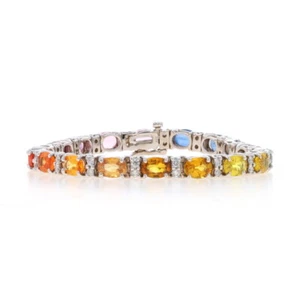 White Gold Sapphire & Diamond Tennis Link Bracelet 7" -14k Oval 20.88ctw Rainbow - Picture 1 of 7