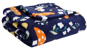 Mushroom Floral Plush Throw Blanket 50" x 60" Retro Navy Blue Multi-color - New - Picture 1 of 5
