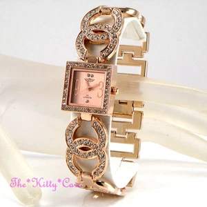 Da Donna Oro Rosa Placcato Design Doppio Bacio Bling Abito Orologio con Cristall - Picture 1 of 12