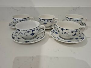 5 x Blue Denmark cups and saucers white vintage Johnson bros masons 