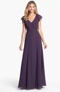 NWT Jenny Yoo Plum Purple 'Cecilia' Ruffled Chiffon Long Dress V-Neck Size 10 - Picture 1 of 8