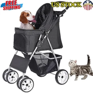 Foldable Pet Stroller Dog Cat Travel Carrier 4 Wheel Storage Basket Cup Holder - Picture 1 of 6