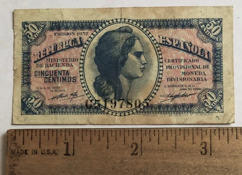 1937 Spain  50 Centimos Banknote - Series C (Rarest Series) Cover