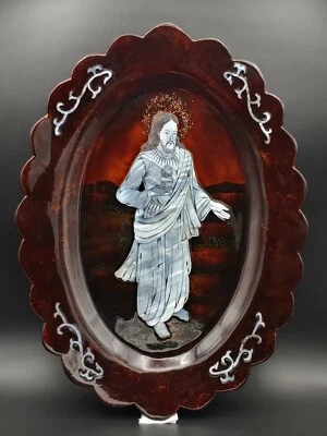 复古漆器镶嵌彩色贝壳耶稣艺术品花瓣板斑块装饰 — 第 1/4 张图片