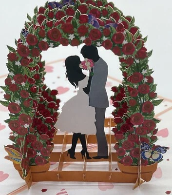 Tarjeta Pop Up Arco Boda 3D Rosas Rojas Matrimonio Amor Aniversario Besar Flores Foto 1 de 4