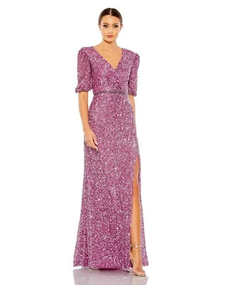 Mac Duggal Plum Purple Sequin Surplice V-Neck Short Puffed Sleeve Gown 18 $498 - Image 1 of 3