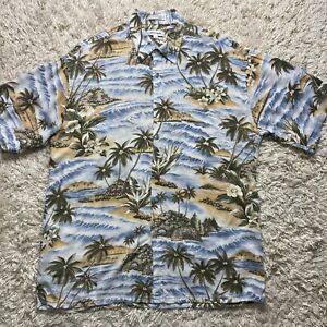 Vintage Pierre Cardin Shirt Mens Large Blue Rayon Hawaiian Floral Button Up