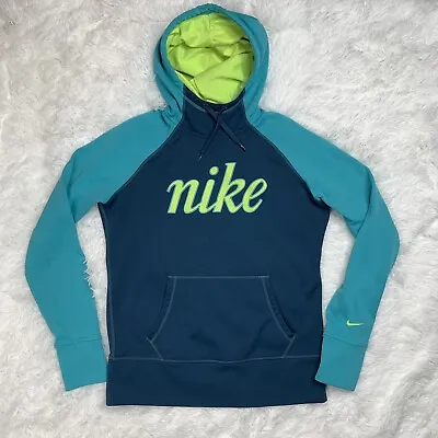 Nike Therma Fit Spellout Womens Hoodie Size M Medium Sweatshirt Blue Teal Volt • 24.29€