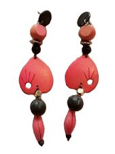 Vtg 80’s Red Black Muted Gold Abstract Cutout Wood Drop Post Back Earrings Boho