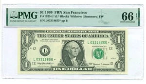 1999 FRB San Francisco $1 Star / Replacement Bank Note Gem Unc 66 EPQ PMG - Picture 1 of 4