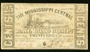 Holly Springs, MS - Mississippi Central Rail Road Company 25¢ 1 de enero de 1862 - Imagen 1 de 2
