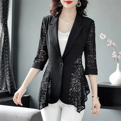 Lady Lace Blazer Suit Floral Jacket Coat Outerwear Spliced Hollow Office Fashion - Image 1 of 4