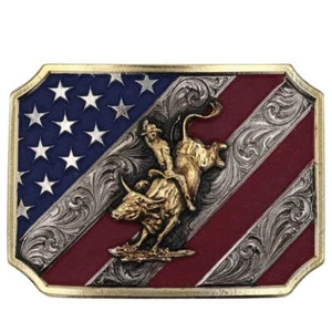 A865 Montana Silversmiths Patriot Bull Rider Hebilla de Cinturón NUEVO - Imagen 1 de 1