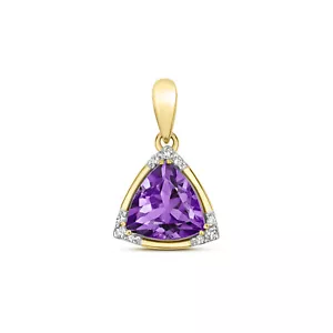 Amethyst and Diamond Trillion Pendant 9ct Yellow Gold Necklace Real Stones - Picture 1 of 3