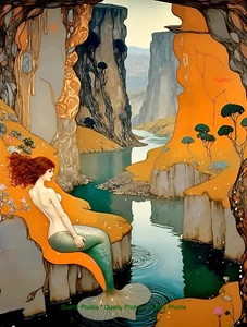 River Mermaid Orange Canyon 8.5x11" Photo Print Style Gustav Klimt / Harker Art - Picture 1 of 1