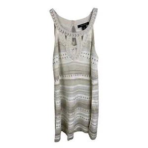 White House Black Market Women Top Beaded Knit Metallic White Tan Sleeveless XS - Picture 1 of 12