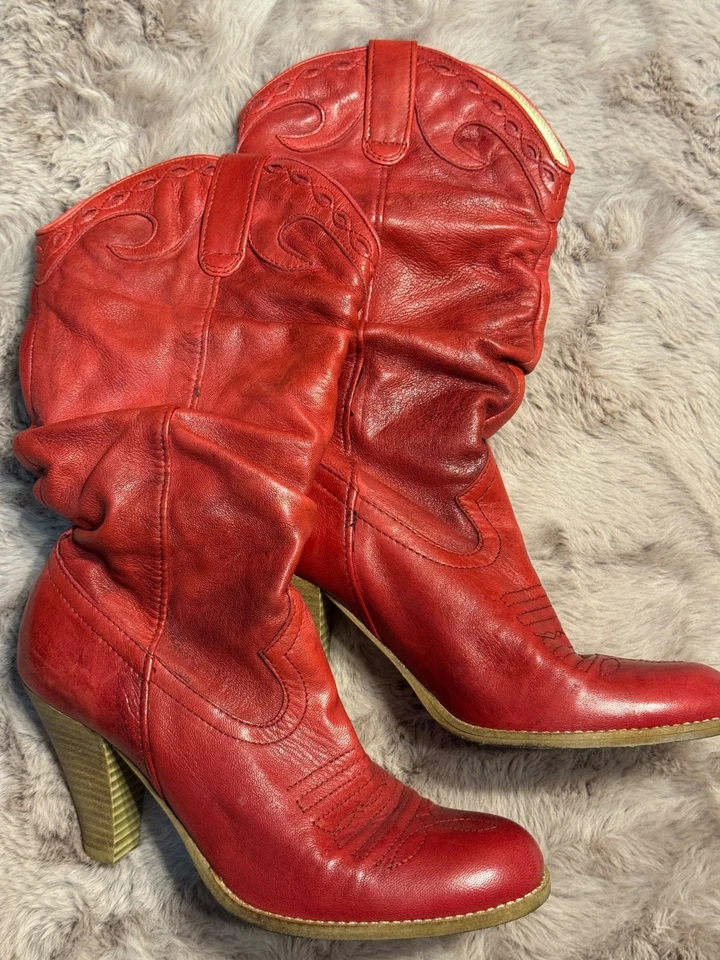 Jessica Simpson Leather Red Cowgirl slouch scrunch Boots size 5.5 - Image 1 of 4