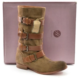 Ladies H by Hudson Keira Buckle Biker Boots 35 / 5 Beige Distressed Suede New - Picture 1 of 4