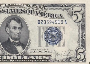 1934-C UNITED STATES $5 **SILVER CERTIFICATE** "Q" (( GEM UNC )) - Picture 1 of 4