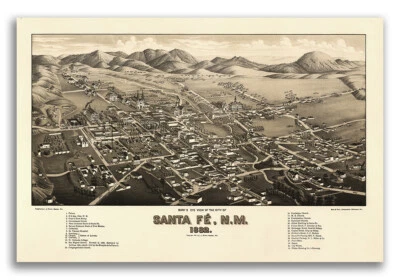 Mapa histórico panorámico de la ciudad de Santa Fe Nuevo México 1882 - 20x30 Foto 1 de 4