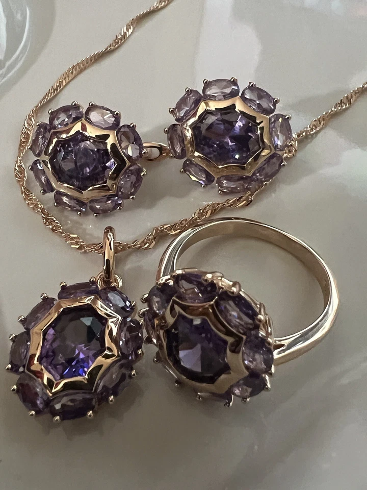 Juego de pendientes collar anillo enchapados en oro rosa de 14k 585 RG amatista natural talla 8 Foto 1 de 3