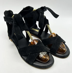 Louise et Cie Sandals Womens 6.5 M Black Leather Suede Tie Gold Zip Flat Classy - Picture 1 of 9
