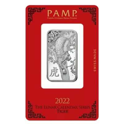 Barra de platino Pamp Suisse 2022 año lunar del tigre 1 oz - en ensayo Foto 1 de 4