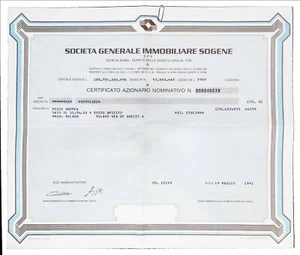 Certificato azionario di 26 azioni - Società Immobiliare Sogene - Milano, 1981 - Foto 1 di 2