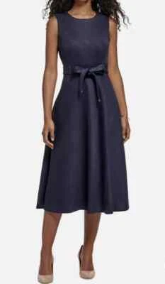 Calvin Klein Faux Suede Fit &Flare Belted Midi Dress Blue Womens Size 6 NWT - Image 1 of 4