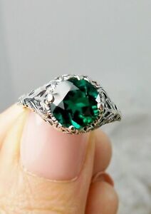 Art Deco Engagement Ring 2Ct Simulated Round Green Emerald 14K White Gold Finish