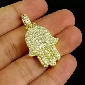 2 CT Round Certified Moissanite Men's Hamsa Hand Pendant 14K Yellow Gold Plated - Picture 1 of 8