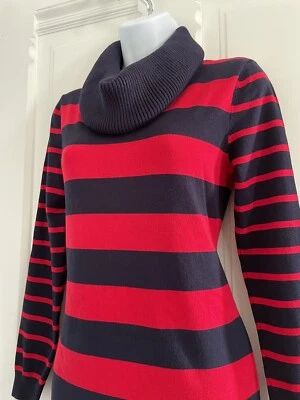 Tommy Hilfiger Cowl Neck Stripe Fine Gauge Sweater Dress S EUC Navy Red L/S Logo - Image 1 of 4