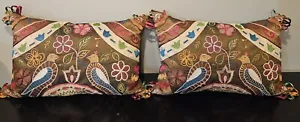 Set Of 2 Pier 1 Regal Poly Silk Applique Throw Pillows 18"x12” W/Ribbons Pair - Picture 1 of 10