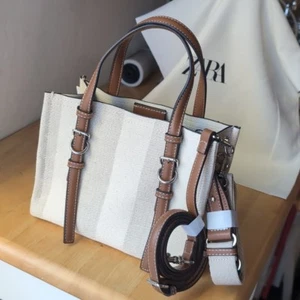 Zara City Mini Crossbody and shoulder strap Bag Beige Canvas Tan strap NWT - Picture 1 of 13