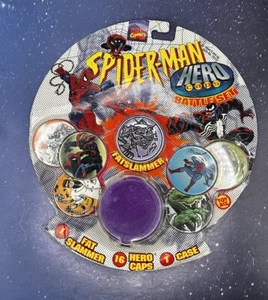 1995 Toy Biz Marvel SpiderMan Hero Gorras x16 JUEGO DE BATALLA POGS Fat Slammer con estuche - Imagen 1 de 20