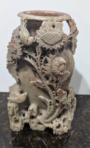 Hand Carved Chinese 9-inch Soap Stone Vase Vintage Flowers and Birds - Picture 1 of 9