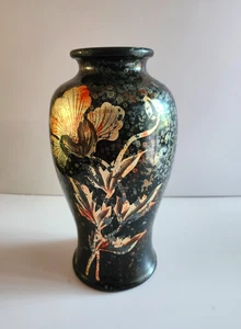Schwarz Gold Keramik Vase Asiatisch Japan Floral Blumen Blätter Schwammmuster - Bild 1 von 11