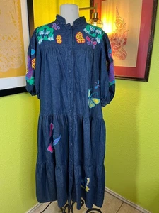 Vtg Southern Image Denim Dress Tiered Midi Floral Appliqué Button M House Dress - Picture 1 of 7