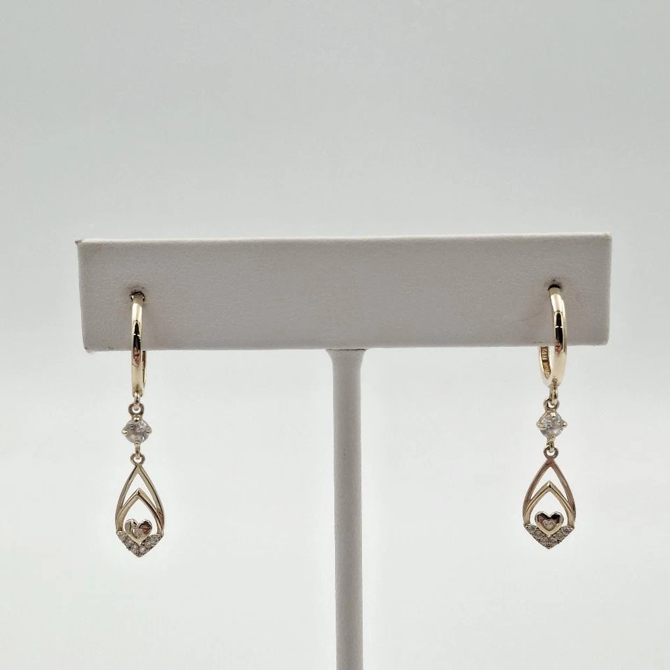 14K Yellow Gold Round Cubic Zirconia CZ Accent Heart Dangle Hoop Earrings - Image 1 of 4