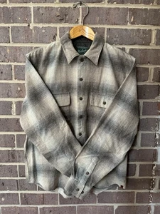 Vintage Woolrich Shadow Plaid Wool Tan Gray Cream Flannel Shirt Men’s Medium - Picture 1 of 13