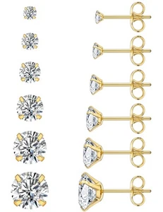 6 Pairs Stud Earrings Set, Hypoallergenic Cubic Zirconia 316L Earrings Stainless - Picture 1 of 9