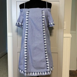 Lindo Vestido Stella Dot Playa Kali en Azul Rayas Bordado Hombro Descubierto Verano - Imagen 1 de 14