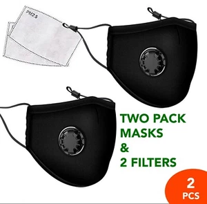 2 COTTON FACE MASKS WASHABLE WITH VALVE & PM2.5 FILTERS - ACTIVATED CARBON 2pc - Picture 1 of 9