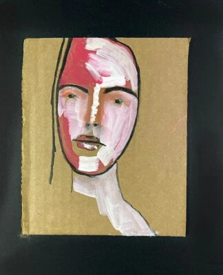 Original Woman Portrait Painting Naive Pink & White Primitive Wall Art Miz Katie - Image 1 of 4